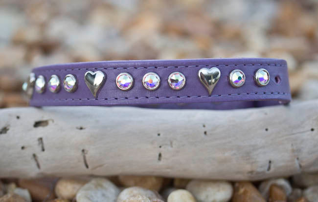 Leather Collar with Silver Hearts and AB Swarovski Crystals