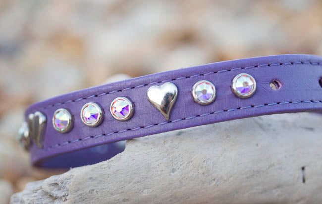 Leather Collar with Silver Hearts and AB Swarovski Crystals