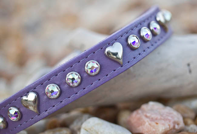 Leather Collar with Silver Hearts and AB Swarovski Crystals