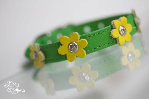 Green Leather Collar with Yellow Flowers