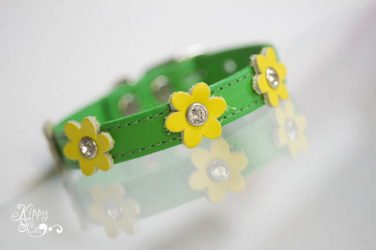 Green Leather Collar With Yellow leather Flowers