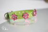 Metallic Lime Green Leather Collar with Metallic Pink Flowers and crystals
