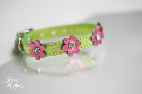 Metallic Lime Green Leather Collar with Flowers