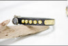 1/2 inch wide leather collar with a personalized engraved name plate and brass cone studs