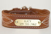 Personalized leather dog collar with fancy stitching and engraved brass or silver name plate