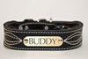 Personalized leather dog collar with fancy stitching and engraved brass or silver name plate