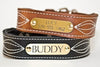 Personalized leather dog collar with fancy stitching and engraved brass or silver name plate
