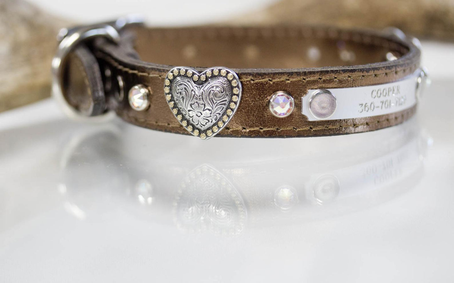 3/4 inch metallic bronze with AB Swarovski Crystals, Floral Heart Conchos and a personalized name plate