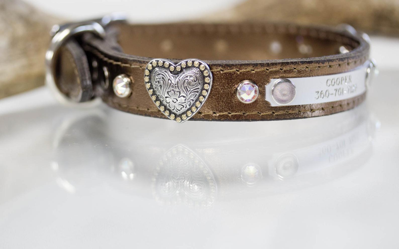 3/4 inch metallic bronze with AB Swarovski Crystals, Floral Heart Conchos and a personalized name plate