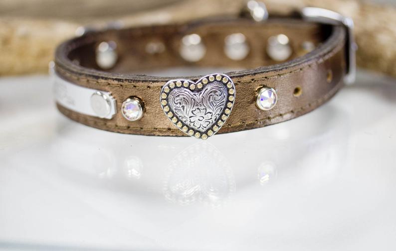 3/4 inch metallic bronze with AB Swarovski Crystals, Floral Heart Conchos and a personalized name plate