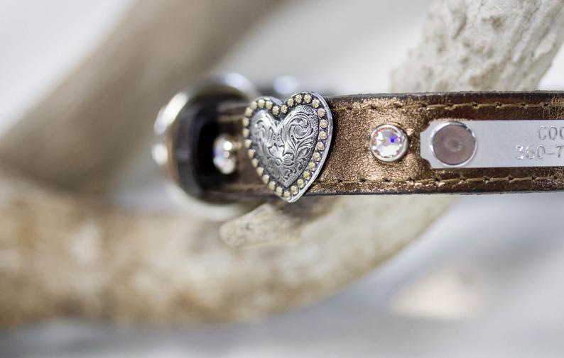 3/4 inch metallic bronze with AB Swarovski Crystals, Floral Heart Conchos and a personalized name plate
