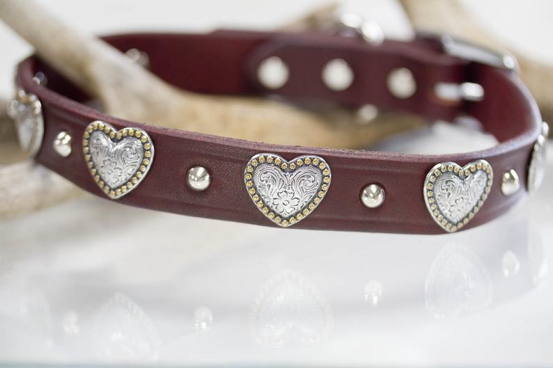 Leather Collar with hearts and silver cone studs
