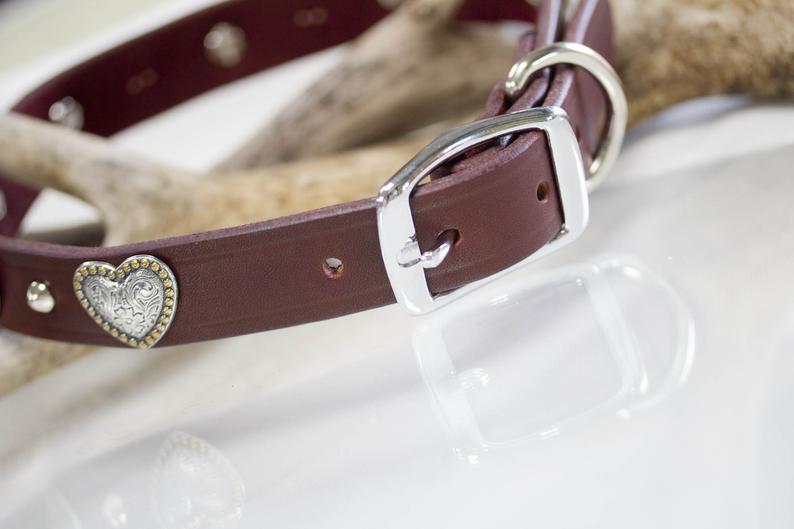 Leather Collar with hearts and silver cone studs